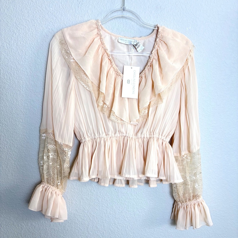 Caroline Constas Peach Pleated Lace Ruffle Peplum Blouse Top XS New Vicorian